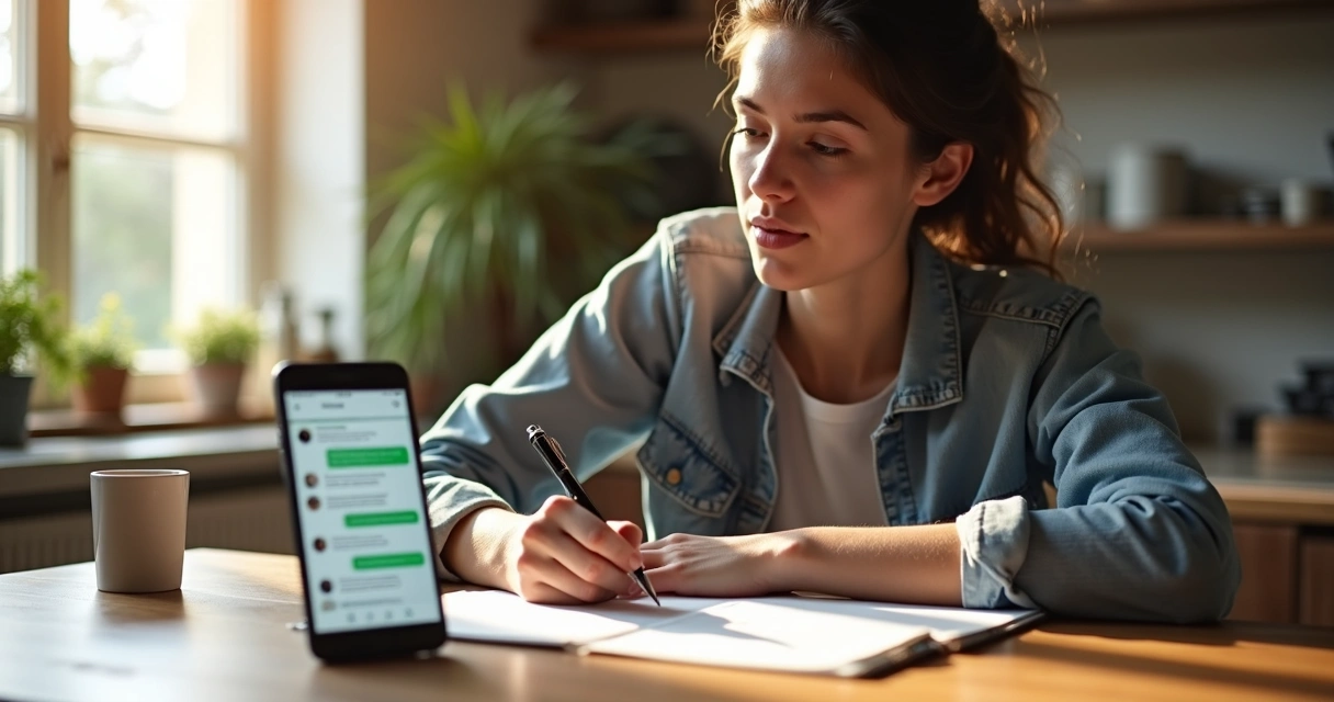 Pessoa anotando despesas em bloco de notas, telefone ao lado, ambiente de casa. 