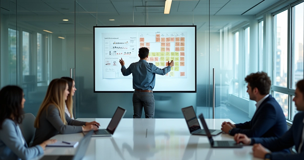 Profissional revisando quadro branco com critérios de qualificação