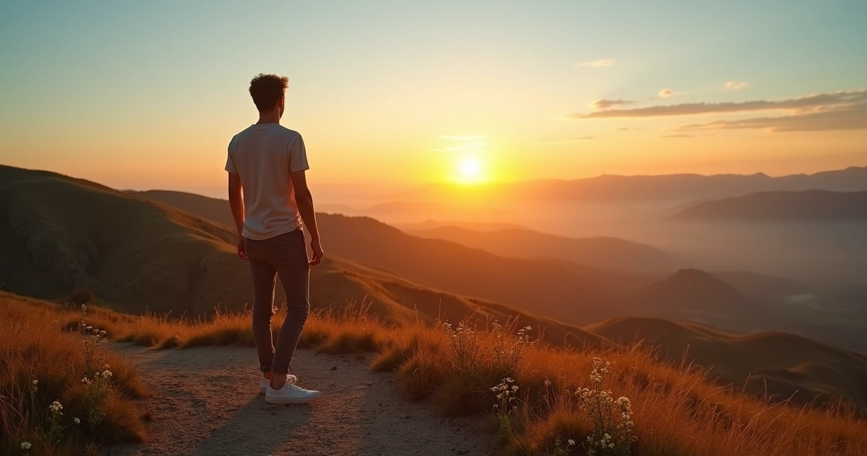 Pessoa em pé em encruzilhada observando horizonte com trilhas e nascer do sol 