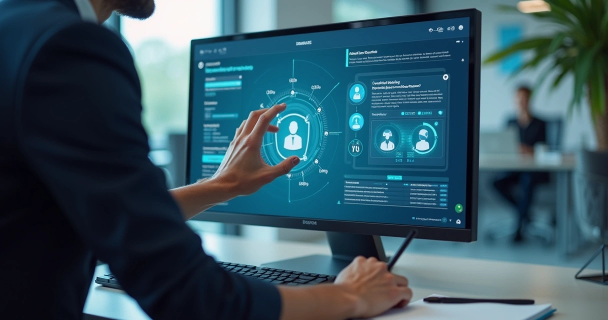 Especialista ajustando agente de IA em computador corporativo 