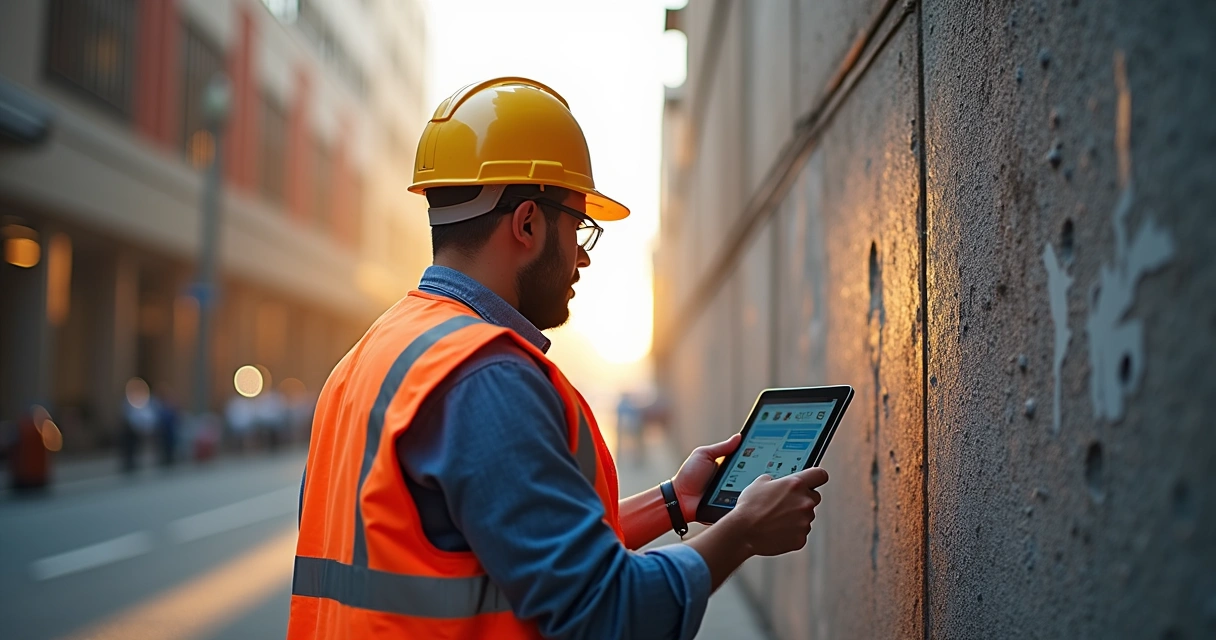 Engenheiro ajustando sistema de alertas no canteiro de obras 