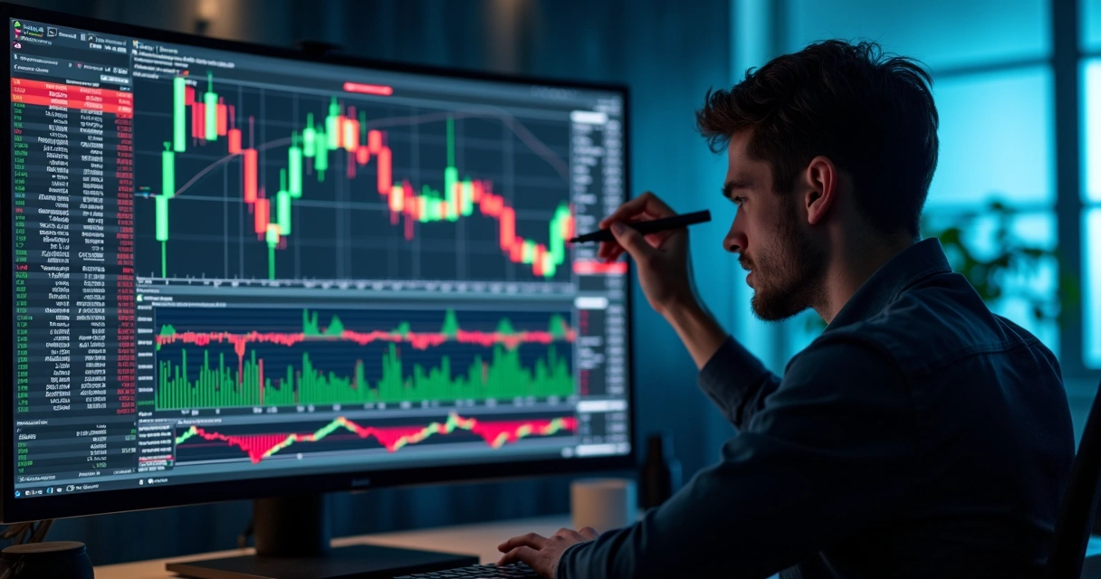 Pessoa analisando gráficos de algoritmos em tela com interface de trading 