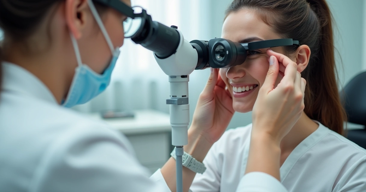 Profissional ajustando altura da lupa odontológica 