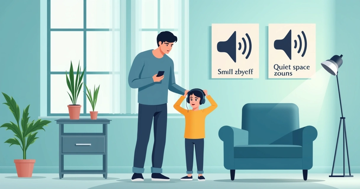 Adulto e criança em ambiente adaptado para evitar ruídos altos, com objetos sonoros controlados 