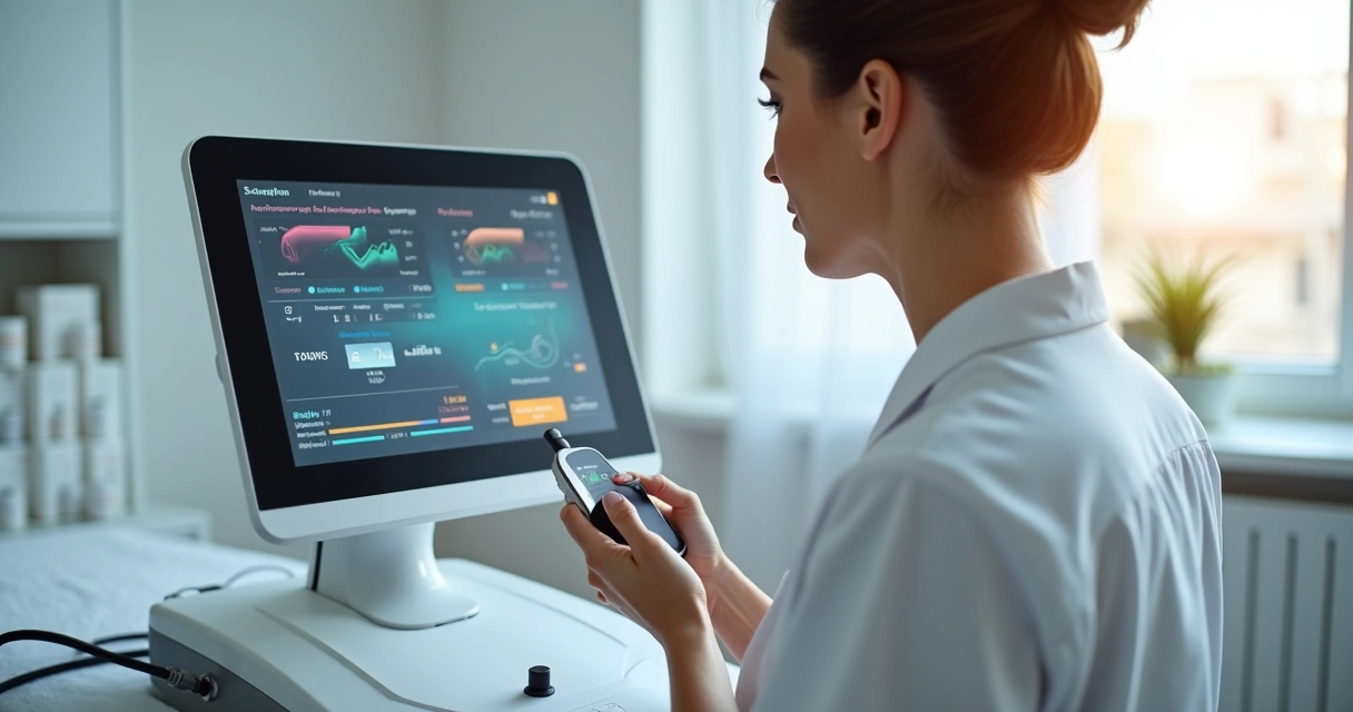 Especialista ajustando los parámetros de una máquina de radiofrecuencia en clínica estética 