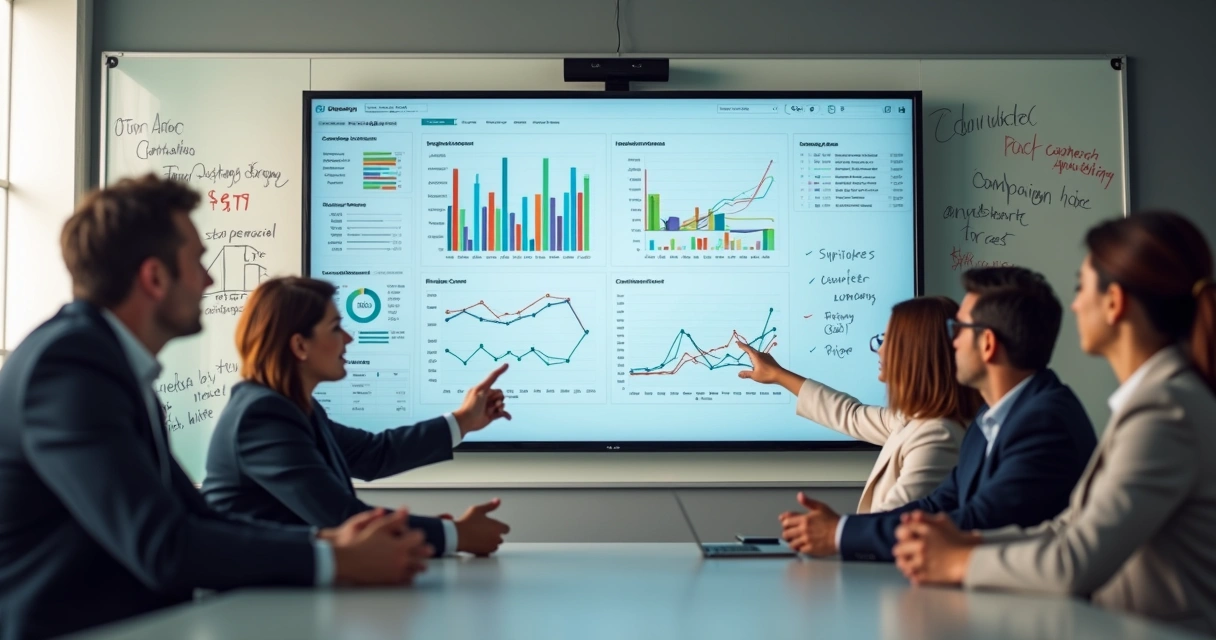 Equipe revisando campanhas de geração de leads em sala de reunião 