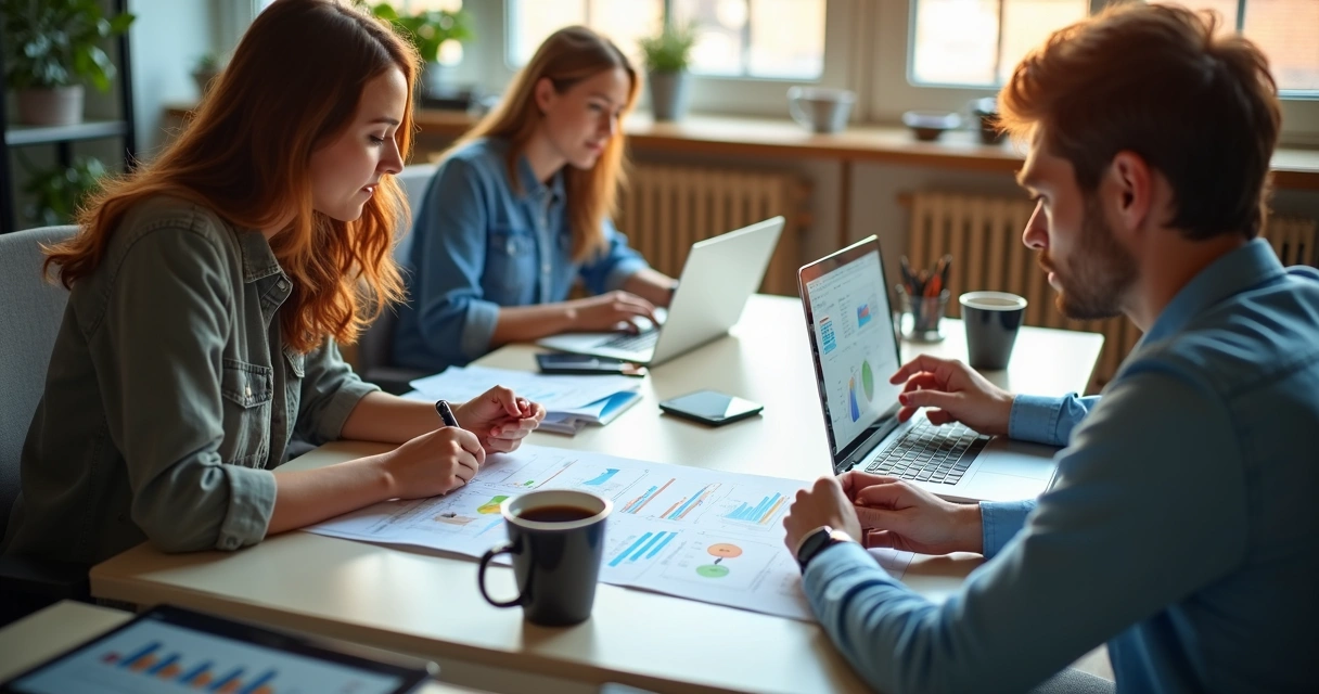 Grupo discutindo relatórios de campanhas digitais 