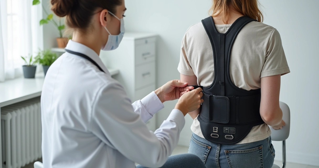 Coletes Ortopédicos: Tipos, Indicações e Como Escolher o Ideal 2 Ajuste de colete ortopédico em paciente sentado em consultório