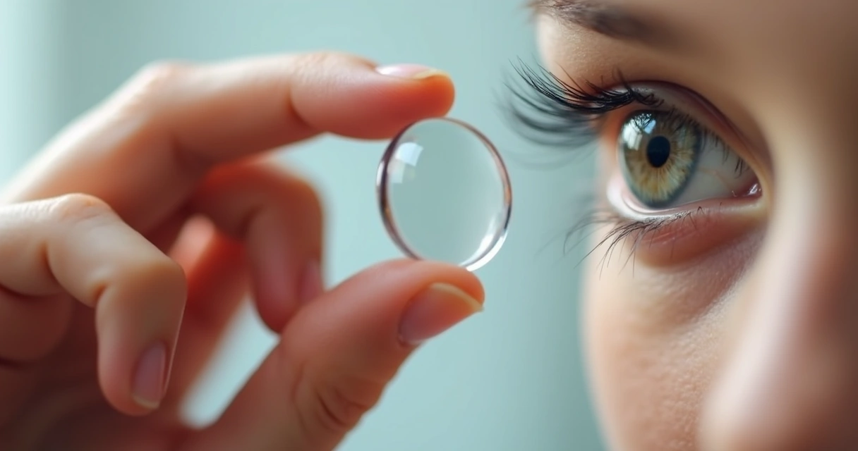Mão segurando lente de contato próxima ao olho 