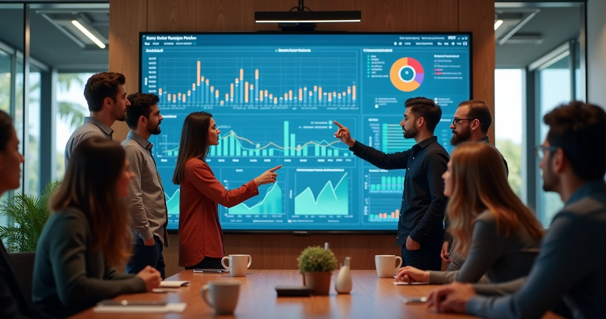 Equipe de vendas revisando relatórios de performance em tela grande 