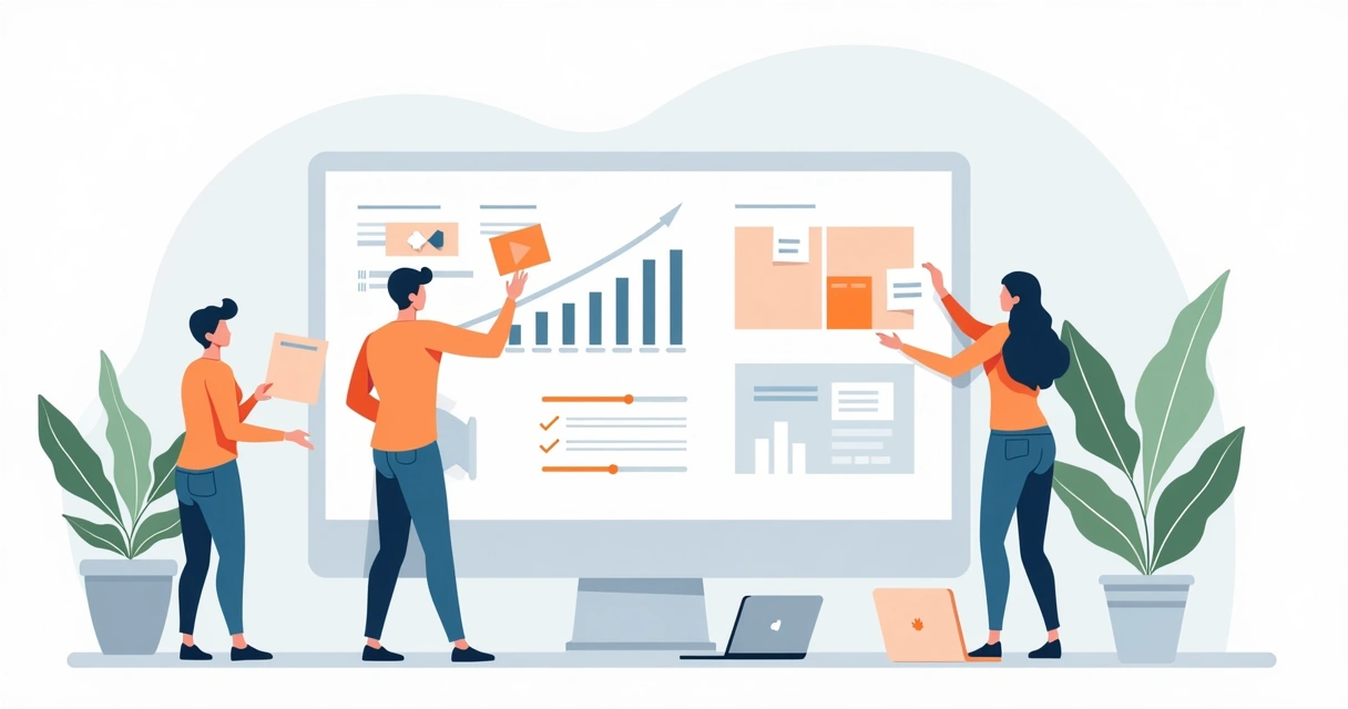 Equipe ajustando estratégia de SEO em painéis digitais 