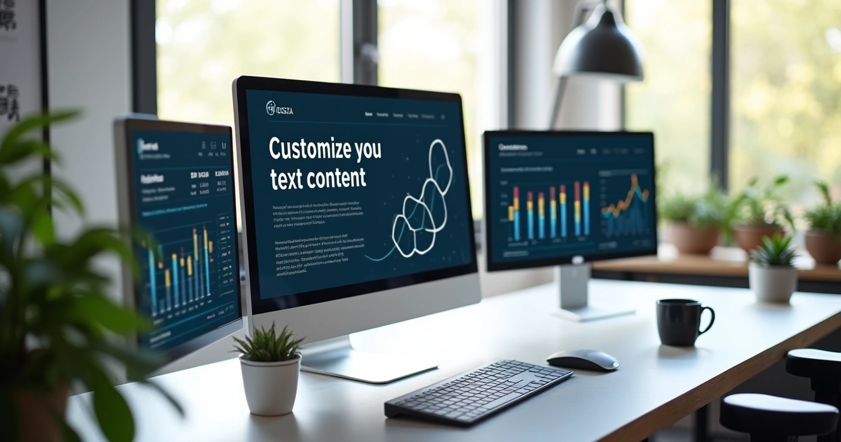 Espaço de trabalho digital com gráficos de dados, tela de computador exibindo texto personalizado, luz suave e ambiente moderno. 