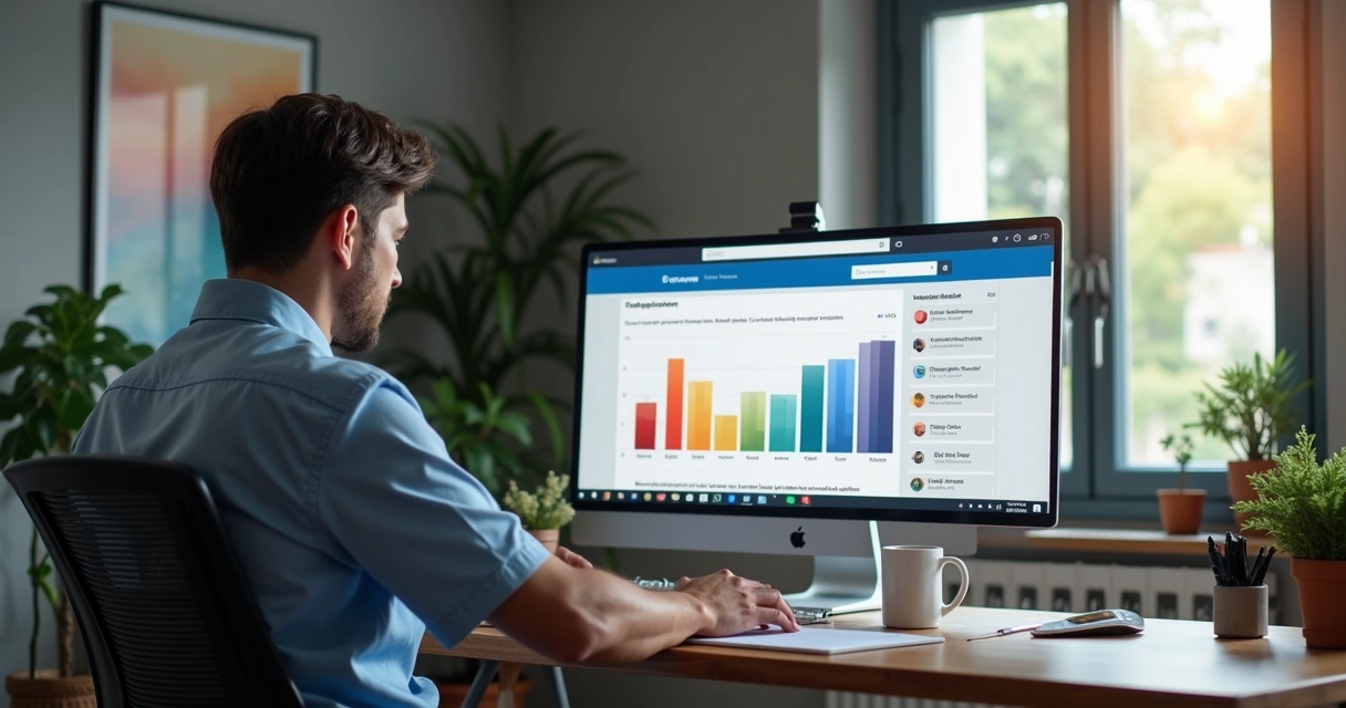 Profissional revisando gráficos de desempenho do conteúdo no LinkedIn 
