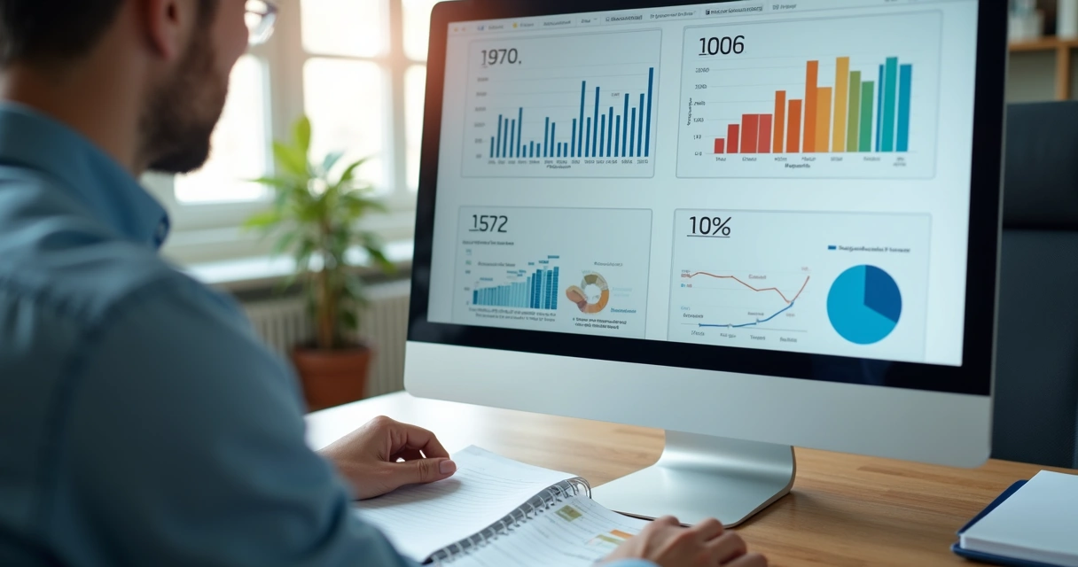 Profissional ajustando gráficos de pontuação de leads em um computador de escritório moderno. 