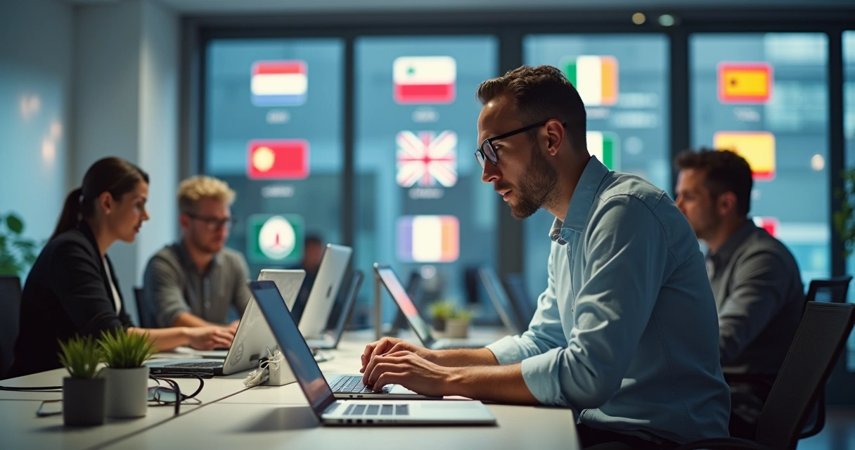 Desenvolvedor adaptando-se a uma nova cultura em ambiente de trabalho moderno. 