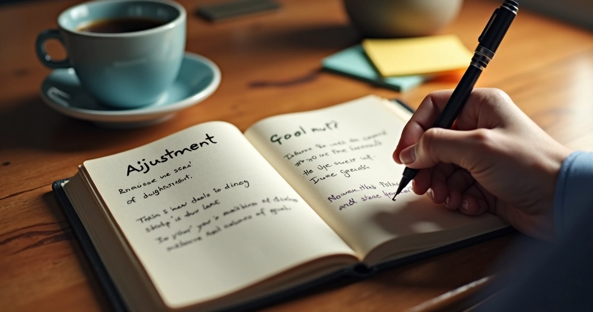 Caderno aberto com anotações sobre metas e ajustes, mão segurando uma caneta