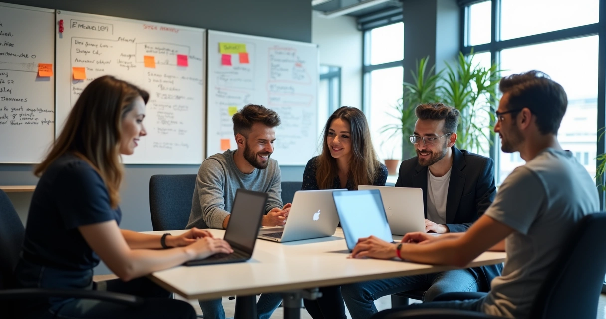Equipe de tecnologia ajustando MVP em reunião com laptops 