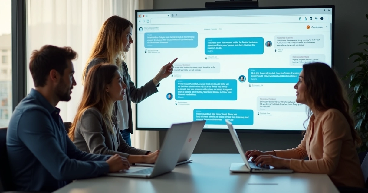 Equipe analisando chats de atendimento em tela 