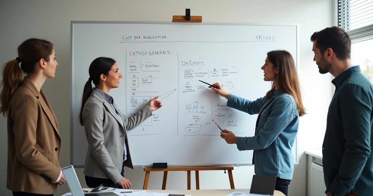 Equipe analisando e ajustando campanhas de mídia paga em quadro branco