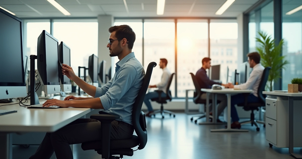 Colaborador ajustando cadeira para postura correta no escritório 