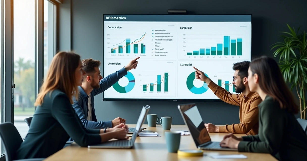 Métricas BDR: 10 Indicadores Para Gerar Leads Qualificados 5 Equipe comercial revisando métricas BDR em reunião com gráficos na parede