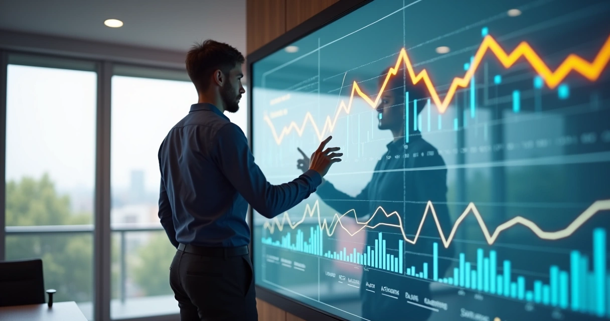 Profissional ajustando gráficos de indicadores em tela touch 