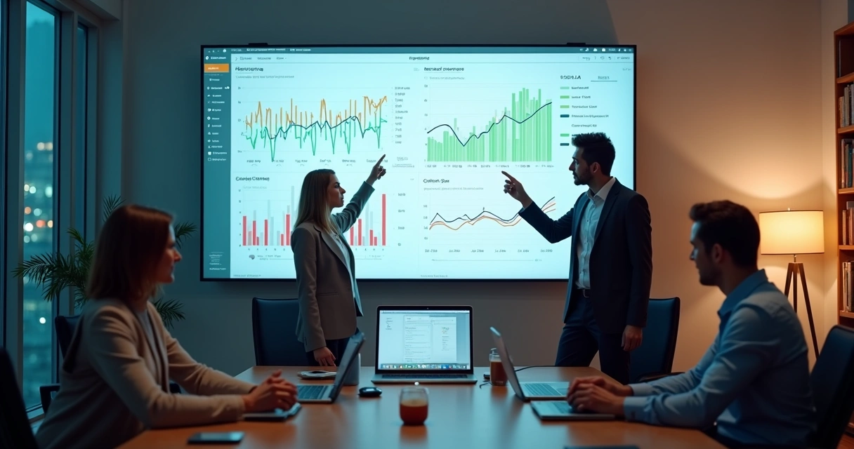 Equipe analisando métricas de marketing em painel digital 