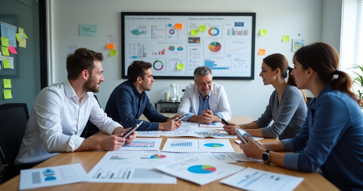 Profissionais revisando estratégias de marketing em clínica médica 