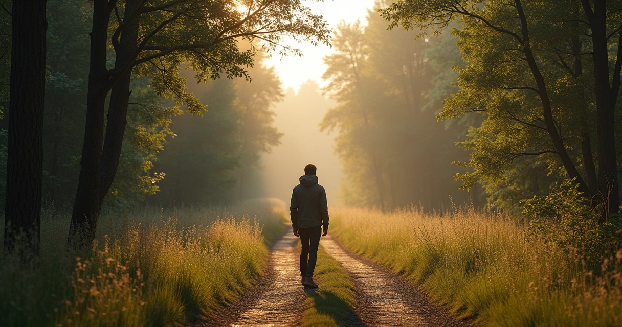 Pessoa em uma caminhada por trilha, parando para escolher entre caminhos diferentes 