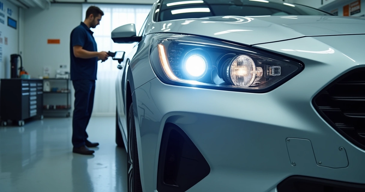 Mecânico ajustando farol de carro em oficina antes de inspeção veicular 