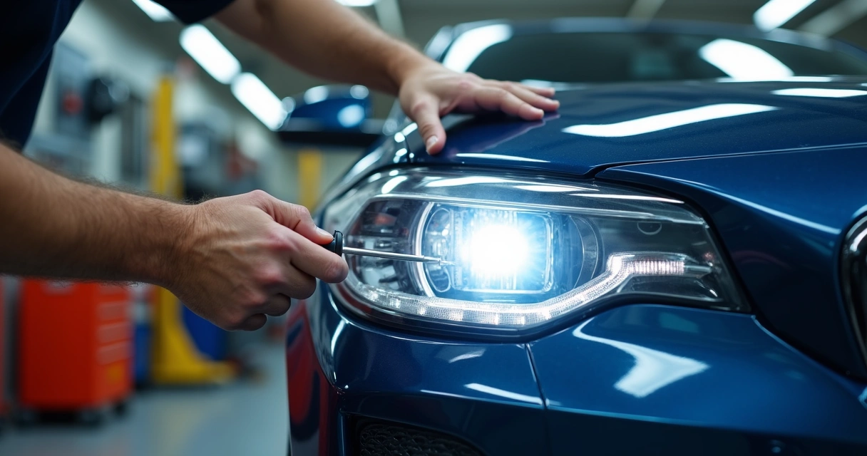 Pessoa ajustando o parafuso do farol do carro 