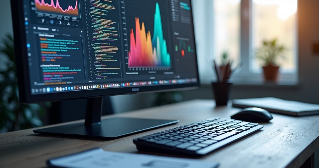 Computador com interface de inteligência artificial exibindo gráficos e código de fine-tuning 