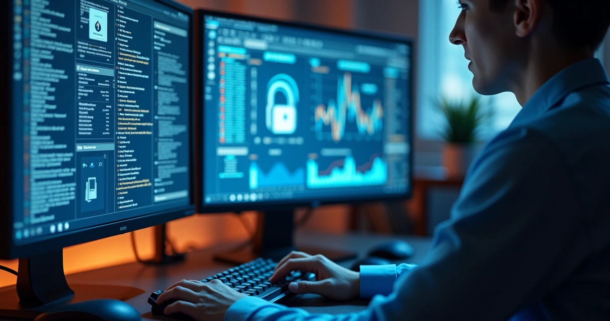 Profissional configurando firewall em tela de computador com gráficos 