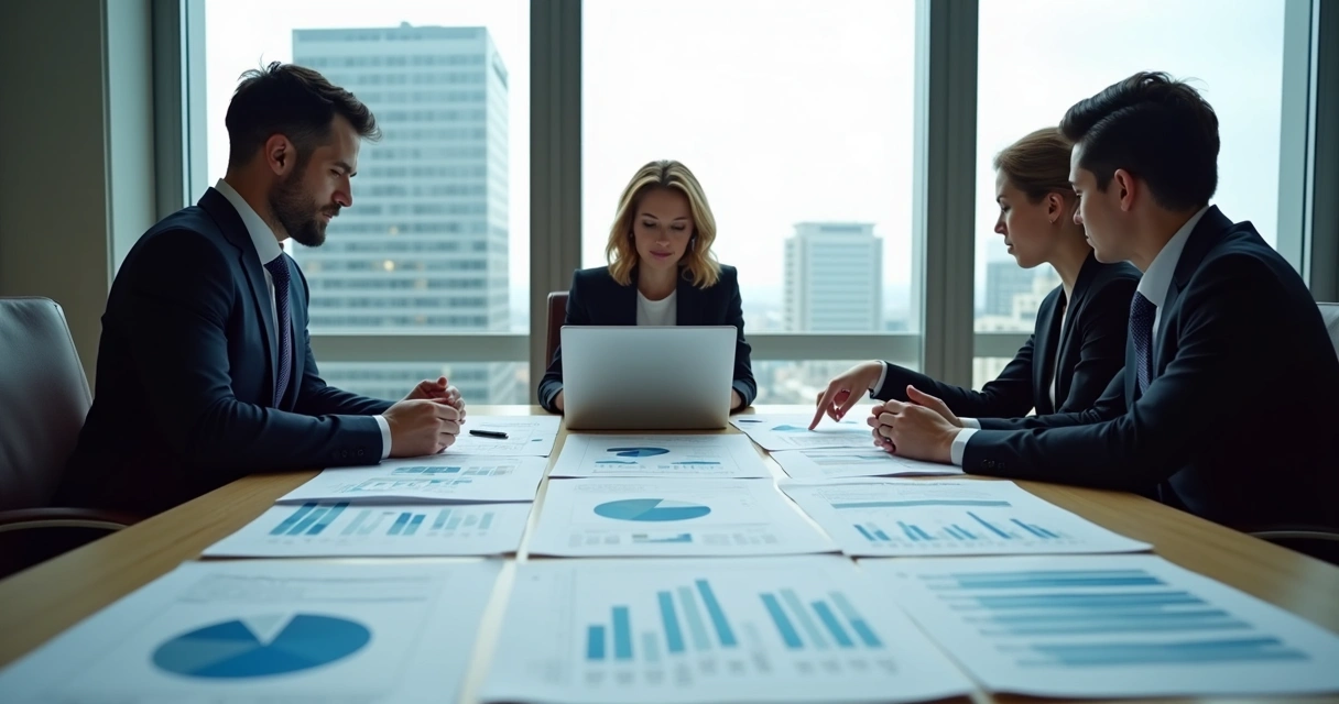 Empresários e contador revisando documentos fiscais em sala de reunião