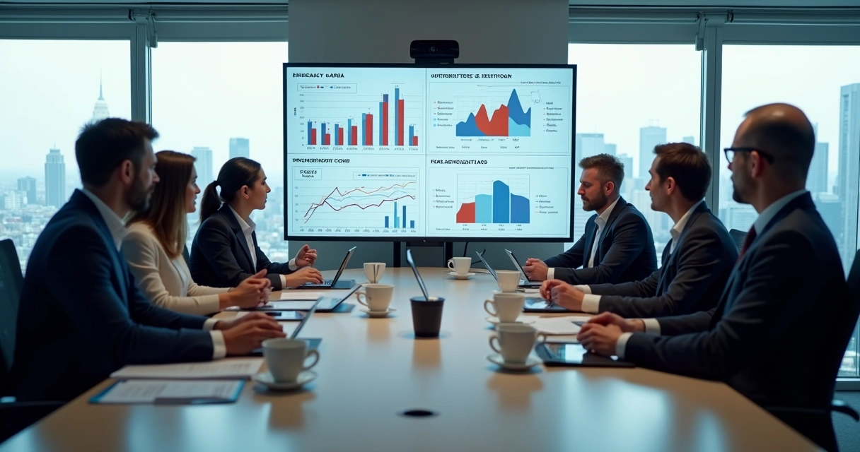 Executivos analisando gráficos financeiros em um escritório moderno 