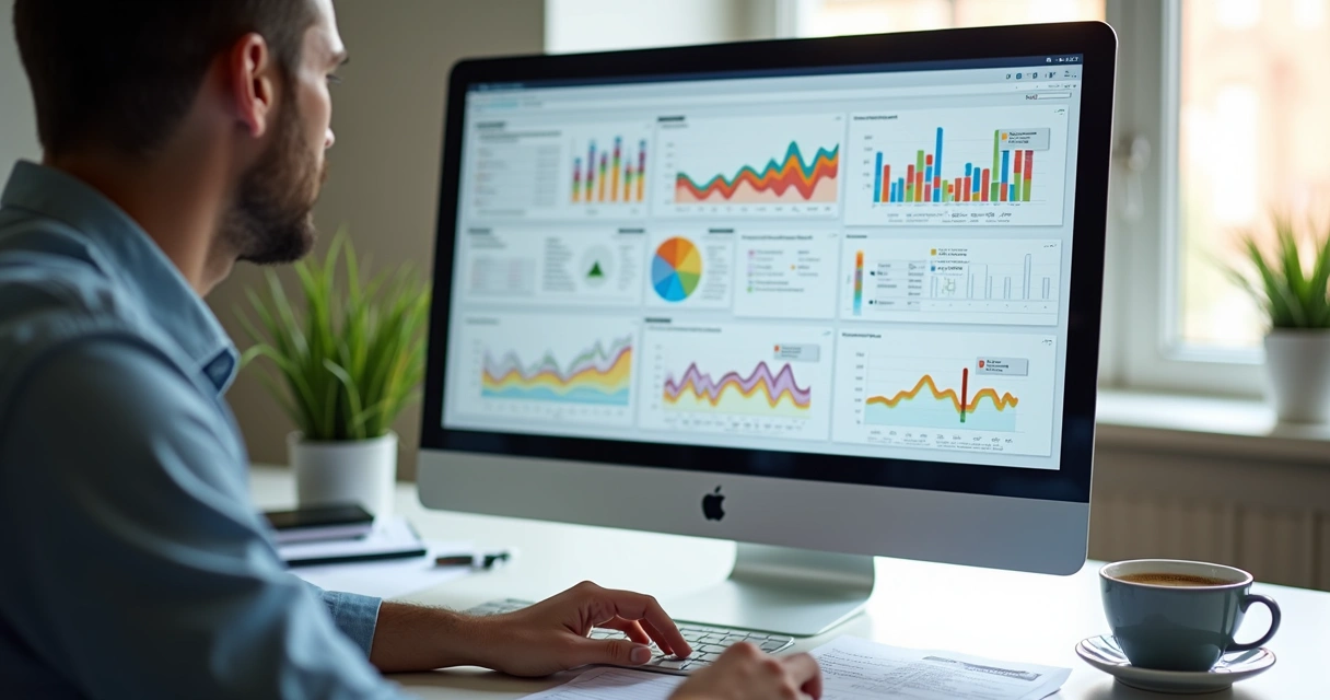 Profissional analisando métricas de posts digitais em dashboard 