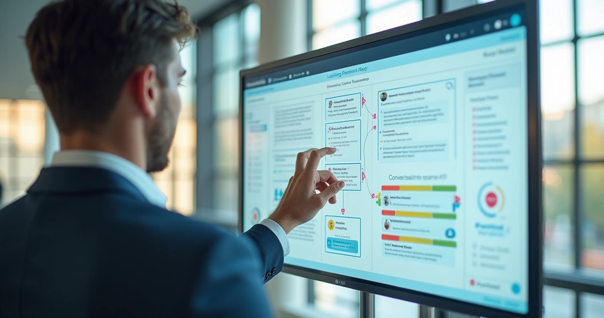 Gerente ajustando regras de atendimento digital em painel digital 