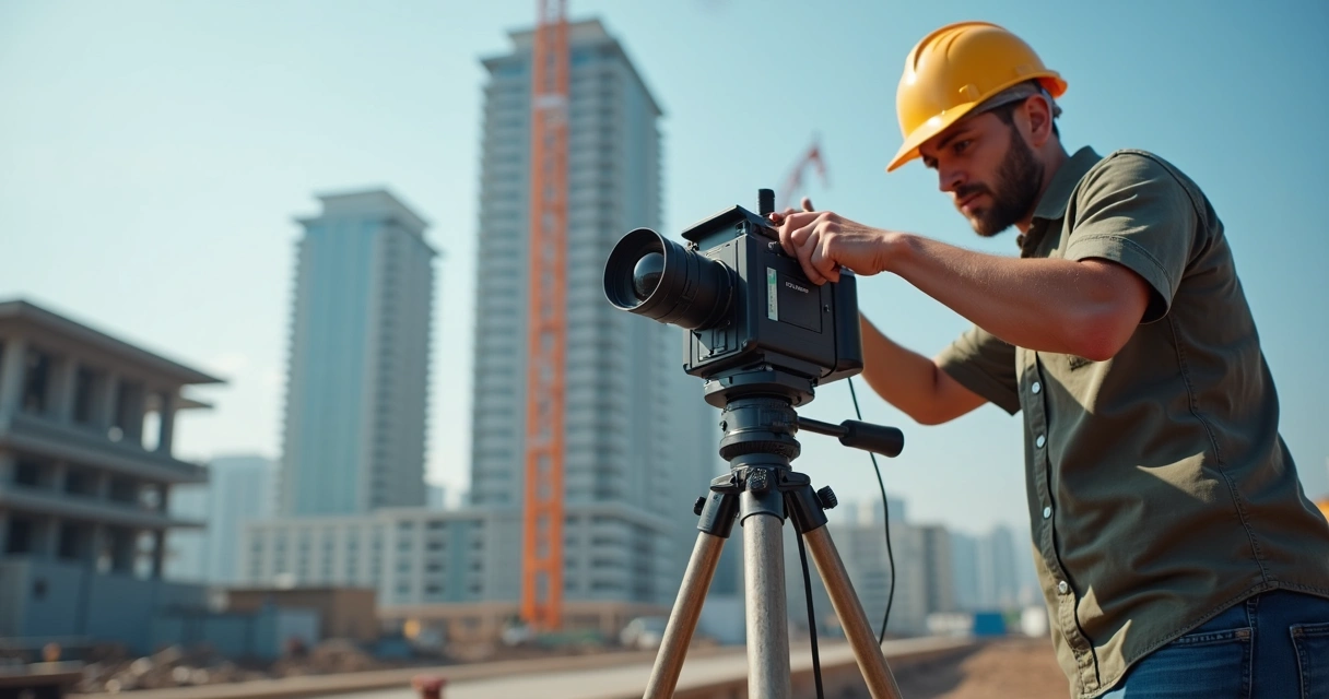 Técnico ajustando lente de câmera time-lapse em canteiro 