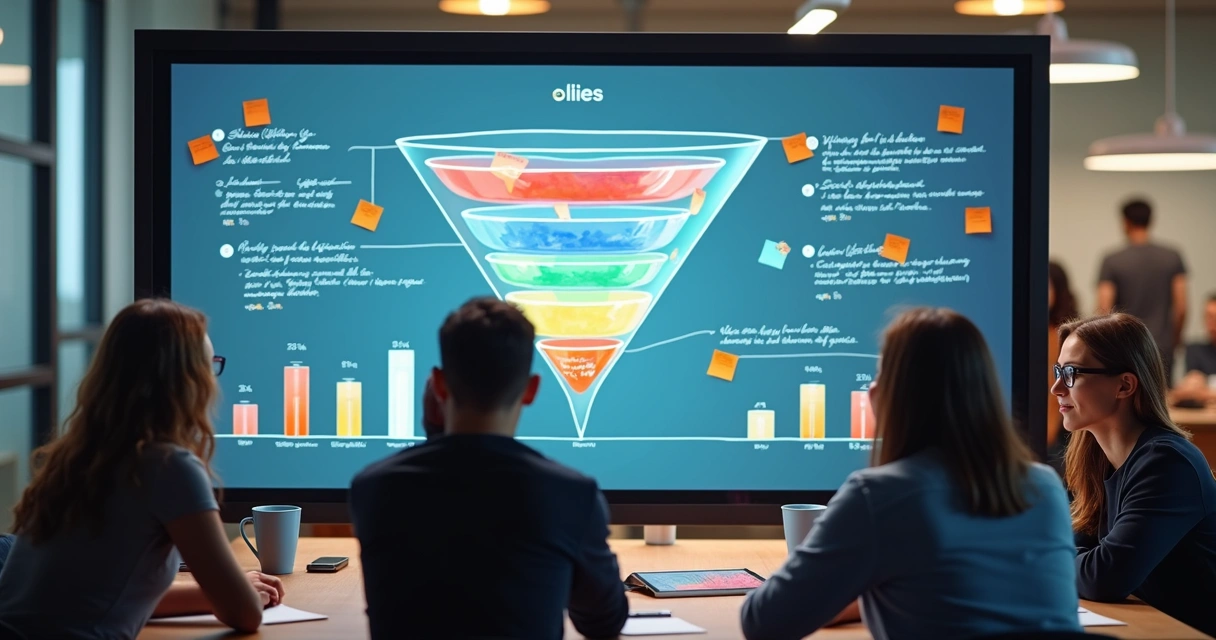 Equipe analisando ajustes do funil de vendas com painéis interativos 