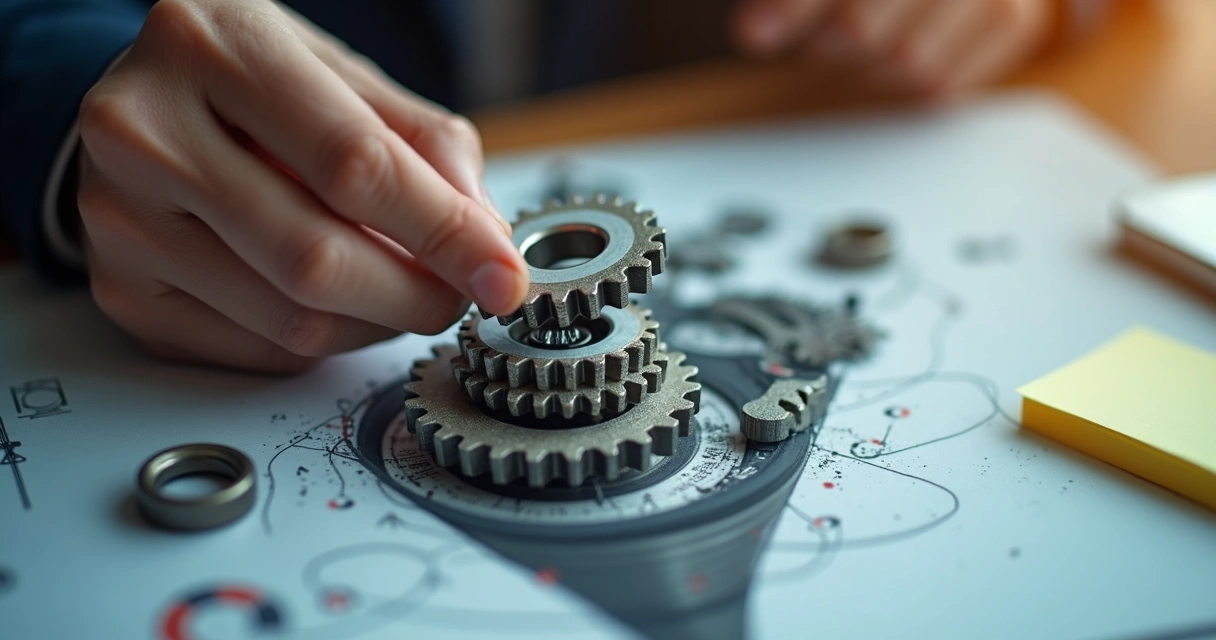 Mão ajustando peça de engrenagem no funil de vendas.