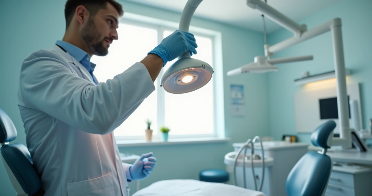 Dentista ajustando iluminação do refletor sobre cadeira odontológica
