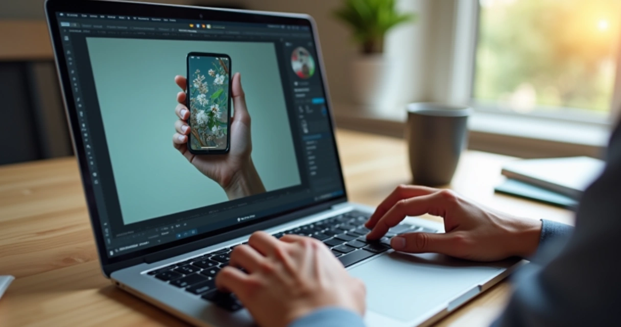 Pessoa editando foto de produto em notebook 