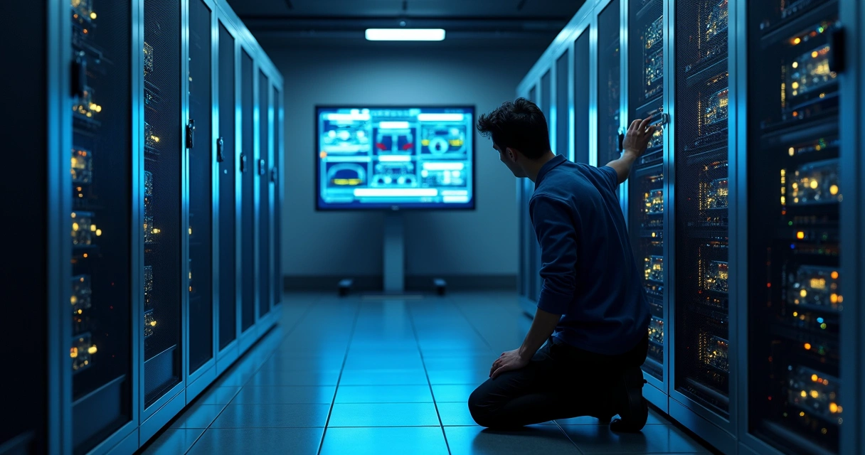 Pessoa ajustando servidores em rack em ambiente de data center