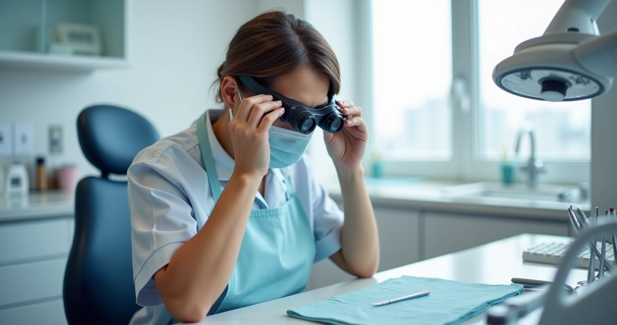Dentista ajustando distância interpupilar em lupa binocular