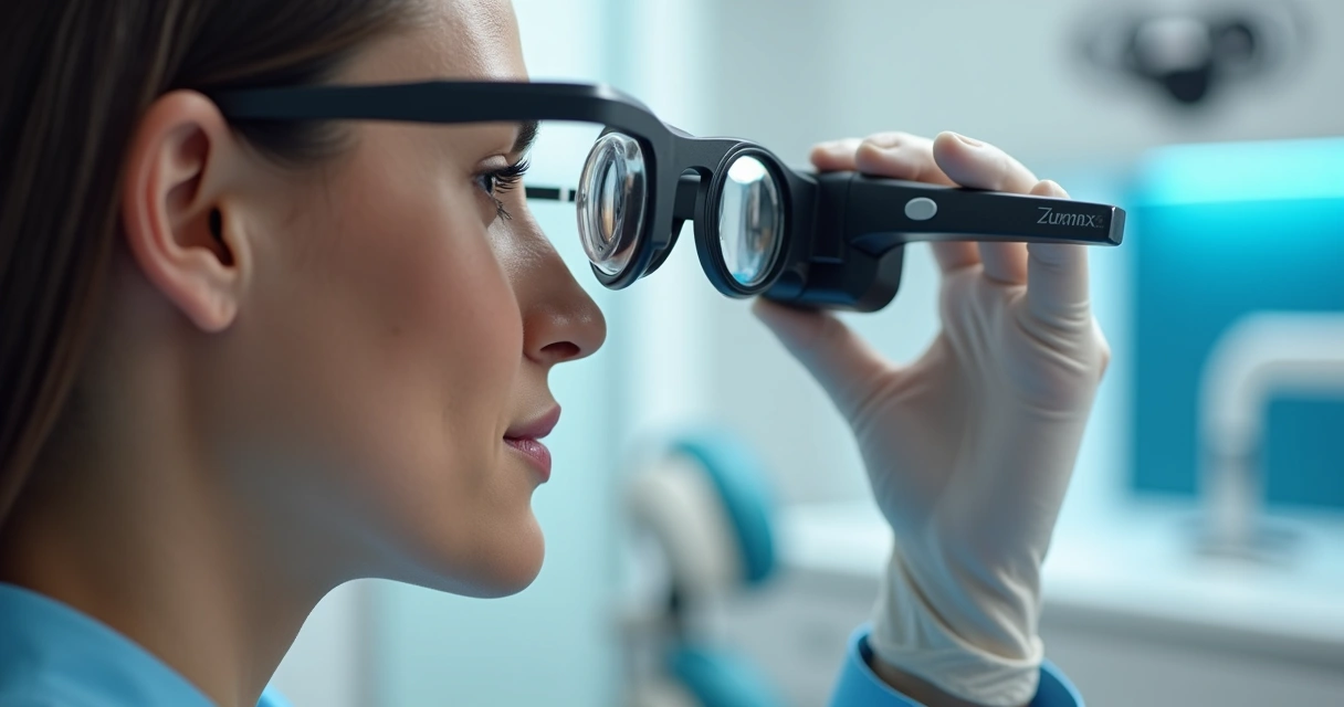 Dentista ajustando a distância interpupilar em lupa Zumax profissional 