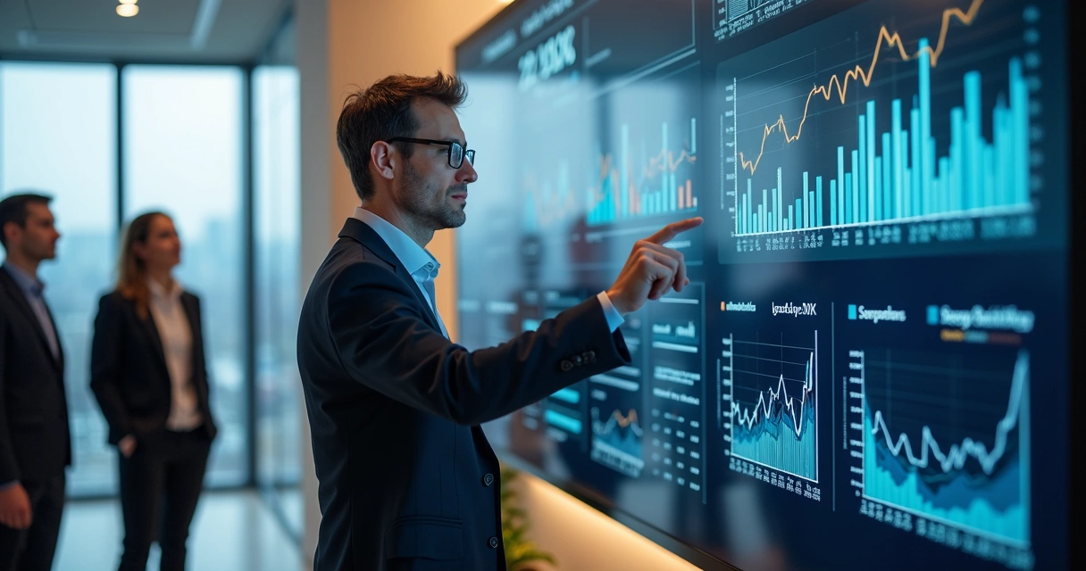 Líder revisa KPIs em quadro digital com equipe atenta 