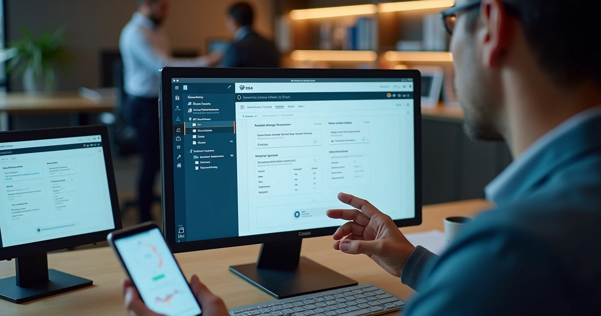 Profissional ajustando filtros de listas de empresas em plataforma SaaS 
