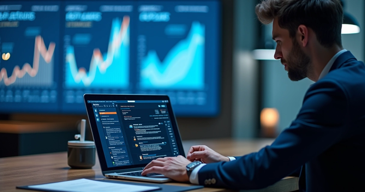 Profissional ajustando mensagem no notebook com gráficos de resultado ao fundo 