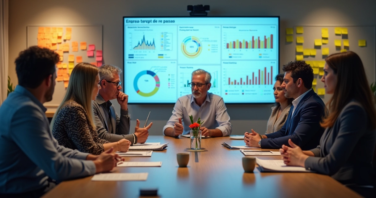 Reunião de equipe ajustando metas de vendas nos canais de venda em uma sala de reunião 