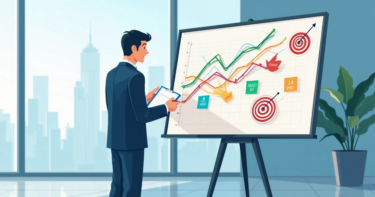 Empresário diante de um quadro ajustando metas empresariais com gráficos coloridos 